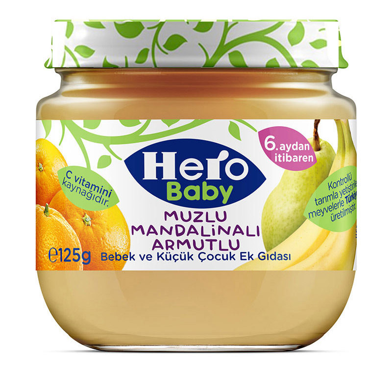 پوره میوه پرتقال،موز و گلابی hero baby