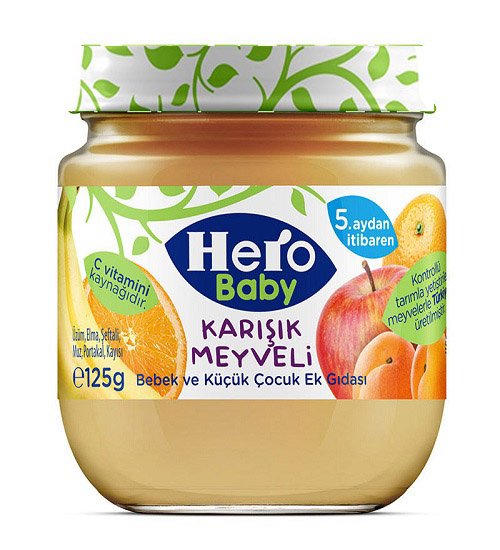 پوره میوه پرتقال،موز،سیب و زردآلو hero baby